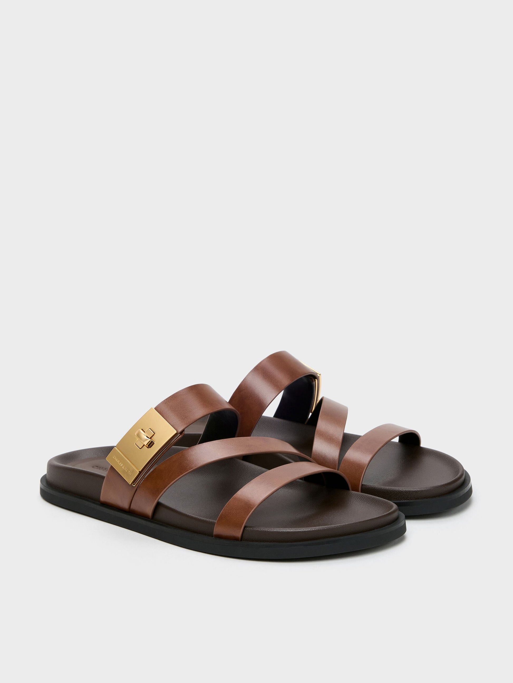 Aelin Metallic-Buckle Strappy Sandals - Cognac | CHARLES & KEITH