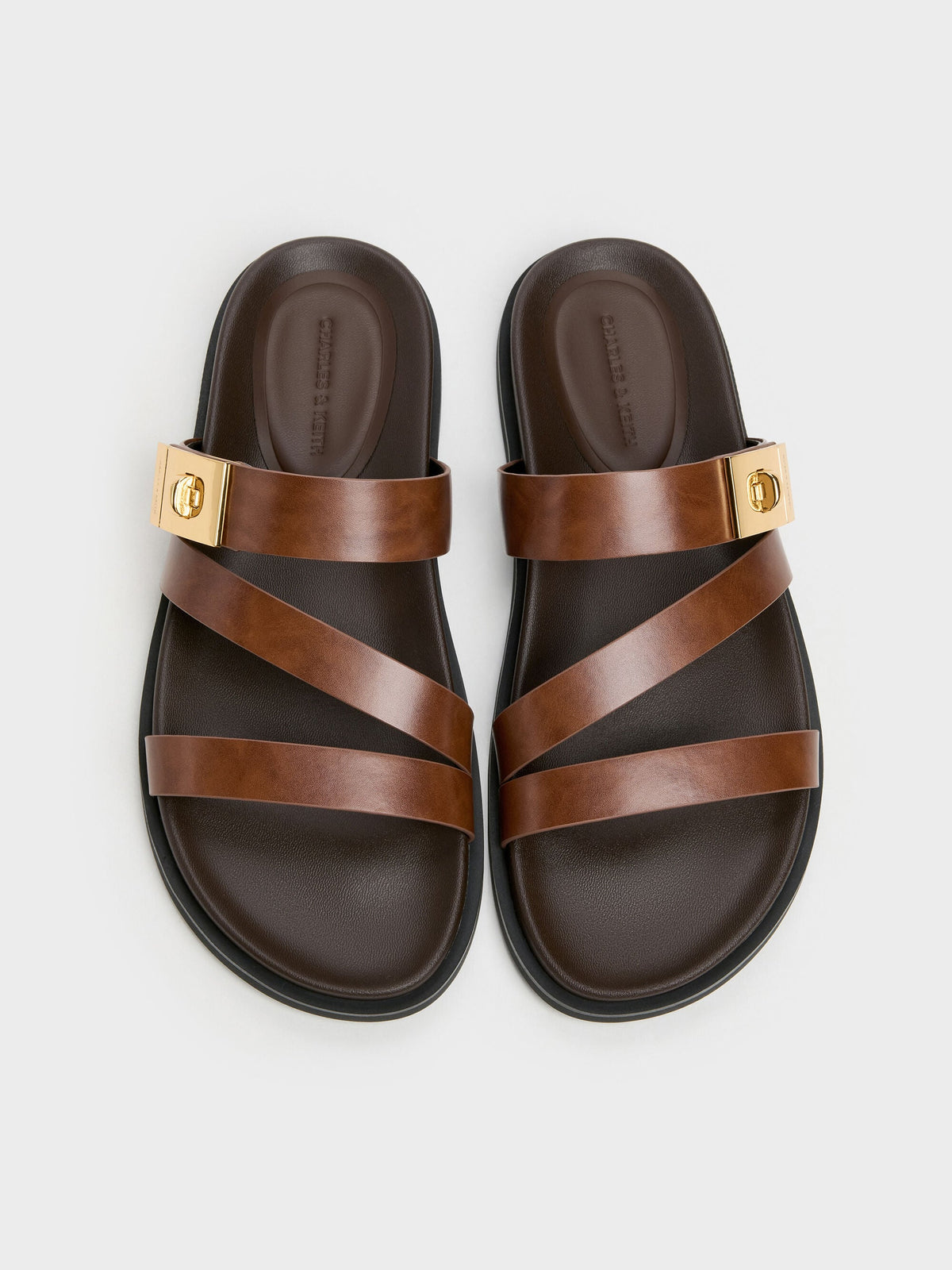 Aelin Metallic-Buckle Strappy Sandals - Cognac | CHARLES & KEITH