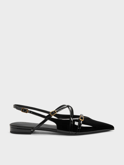 Maybelle Patent Strappy Slingback Flats - Black Patent | CHARLES & KEITH