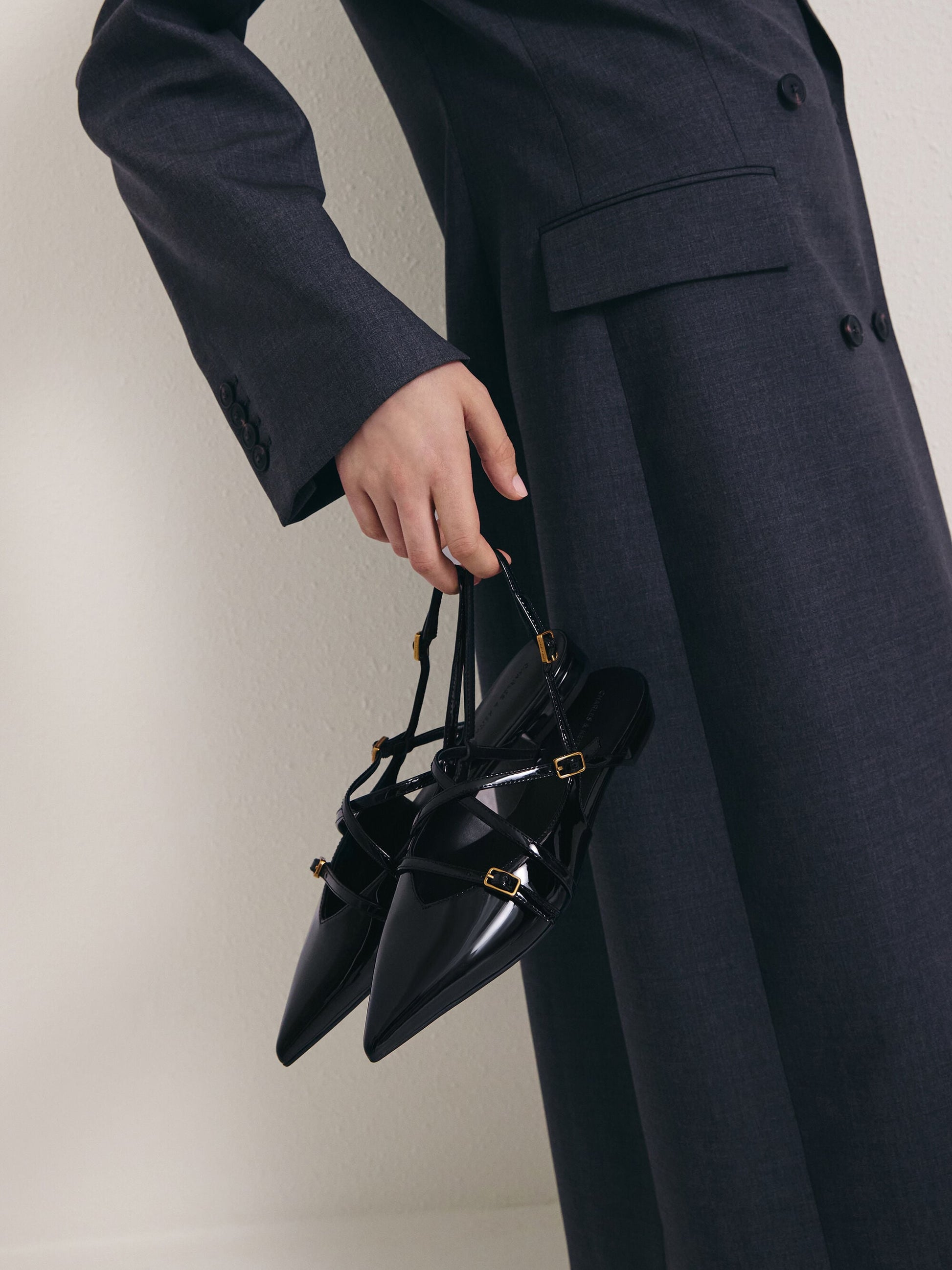 Maybelle Patent Strappy Slingback Flats - Black Patent | CHARLES & KEITH