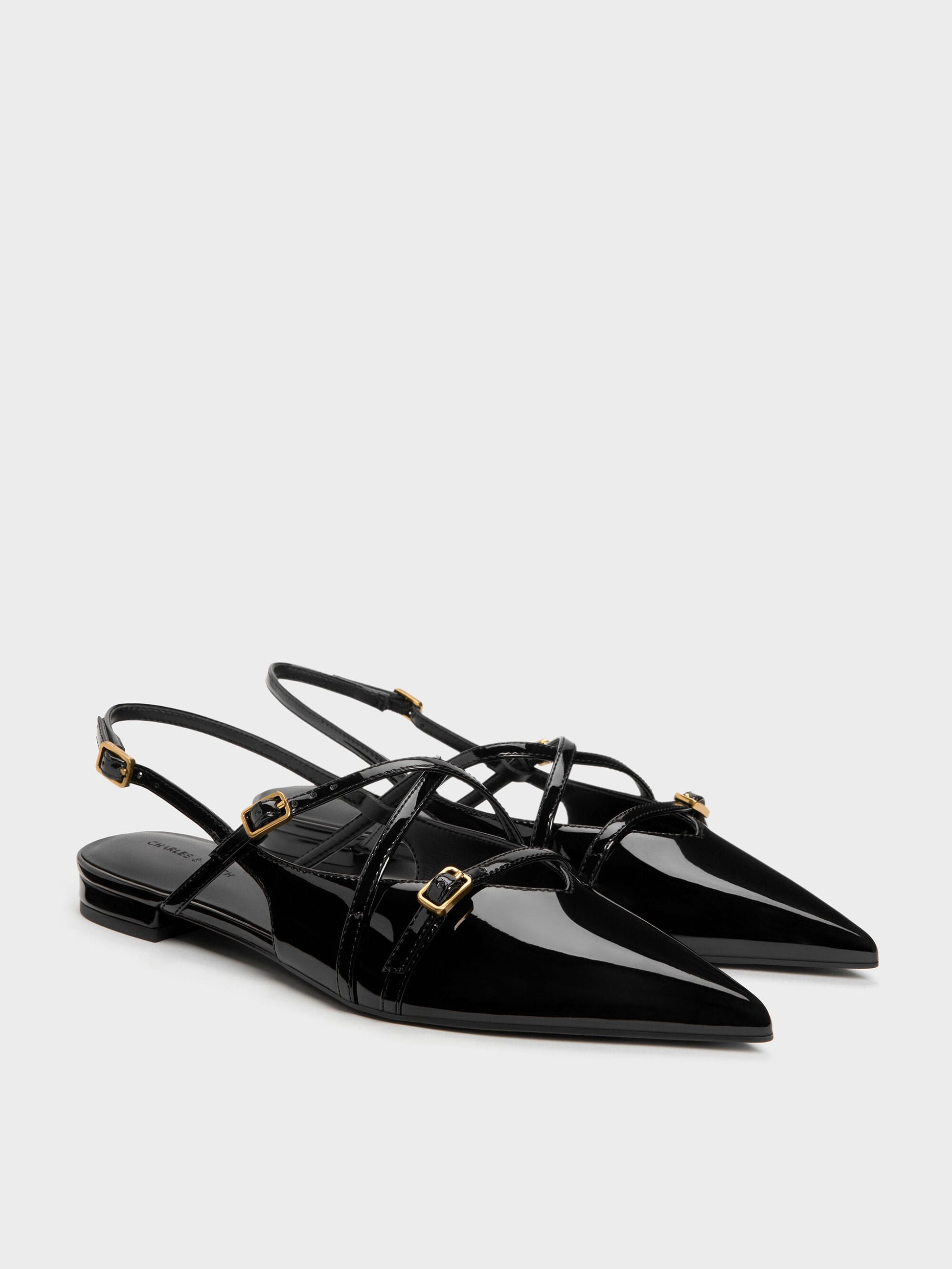 Maybelle Patent Strappy Slingback Flats - Black Patent | CHARLES & KEITH