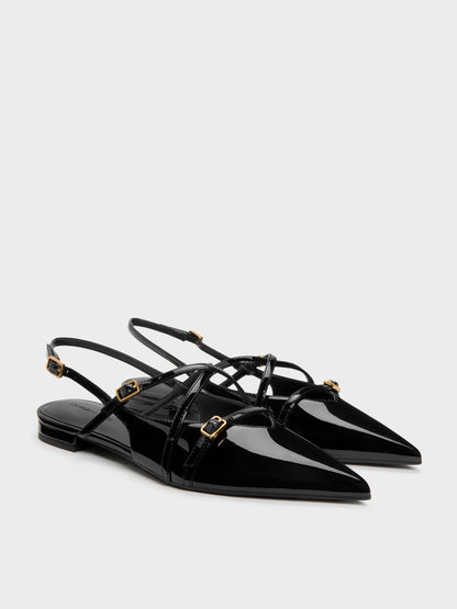 Maybelle Patent Strappy Slingback Flats - Black Patent | CHARLES & KEITH