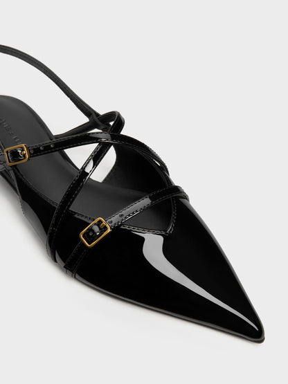 Maybelle Patent Strappy Slingback Flats - Black Patent | CHARLES & KEITH