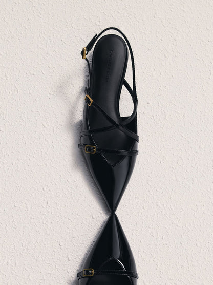 Maybelle Patent Strappy Slingback Flats - Black Patent | CHARLES & KEITH
