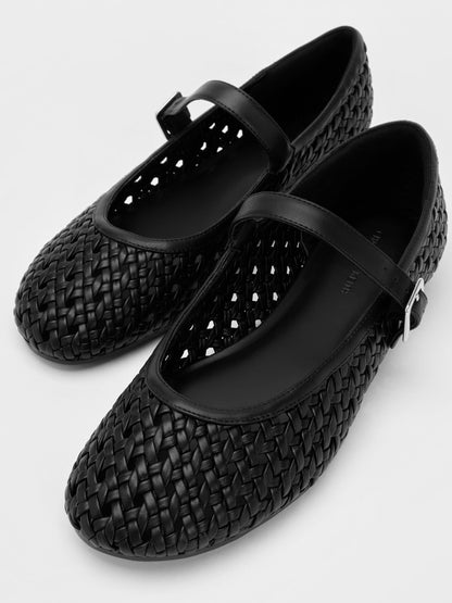 Woven Mary Jane Flats - Black | CHARLES & KEITH