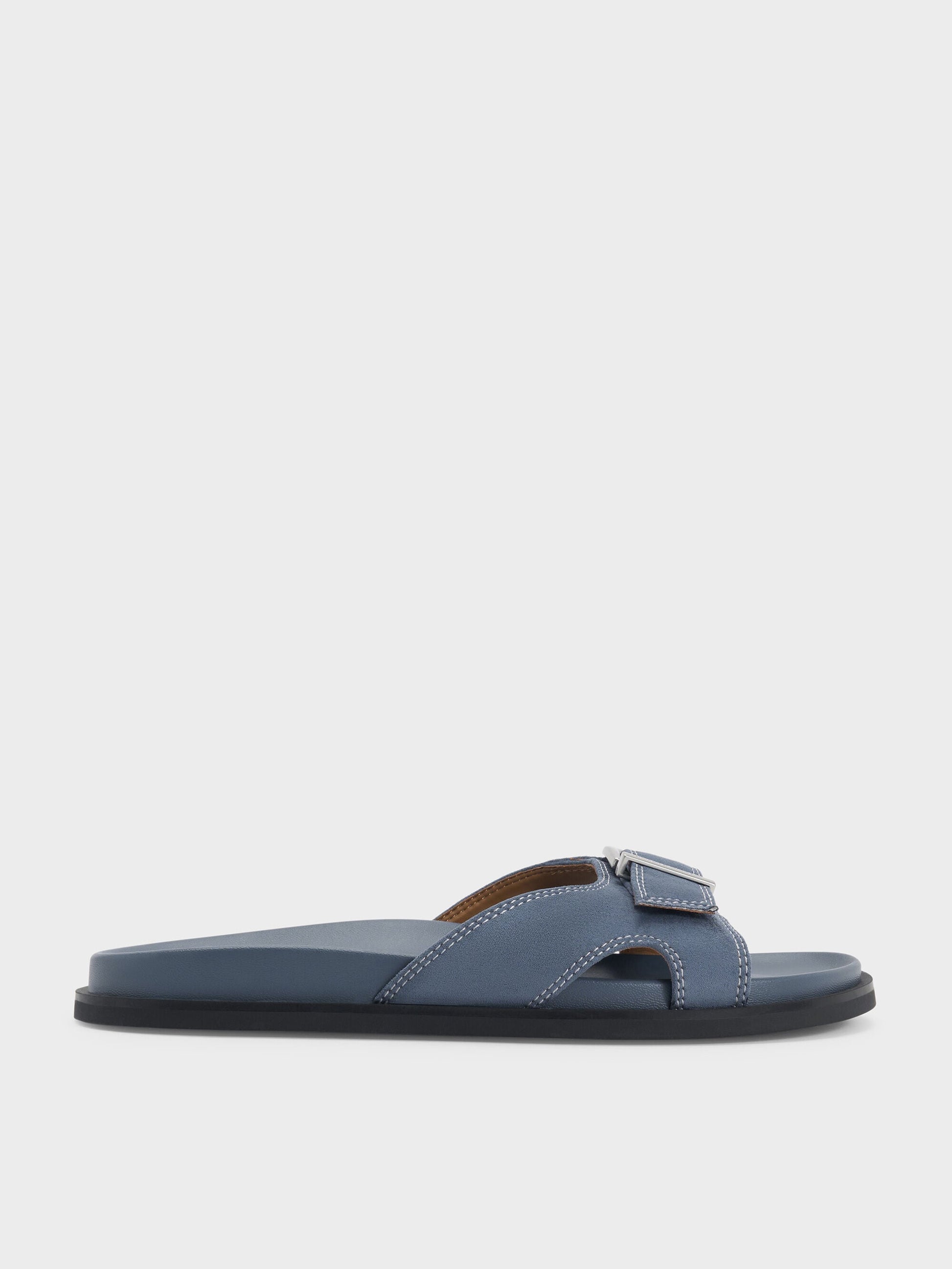 Faux Suede Stitch-Trim Buckled Slides - Blue | CHARLES & KEITH