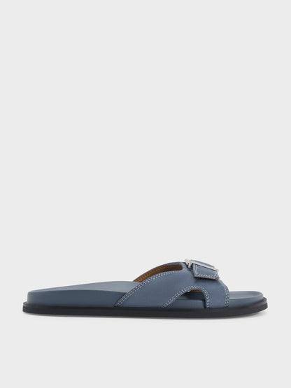 Faux Suede Stitch-Trim Buckled Slides - Blue | CHARLES & KEITH
