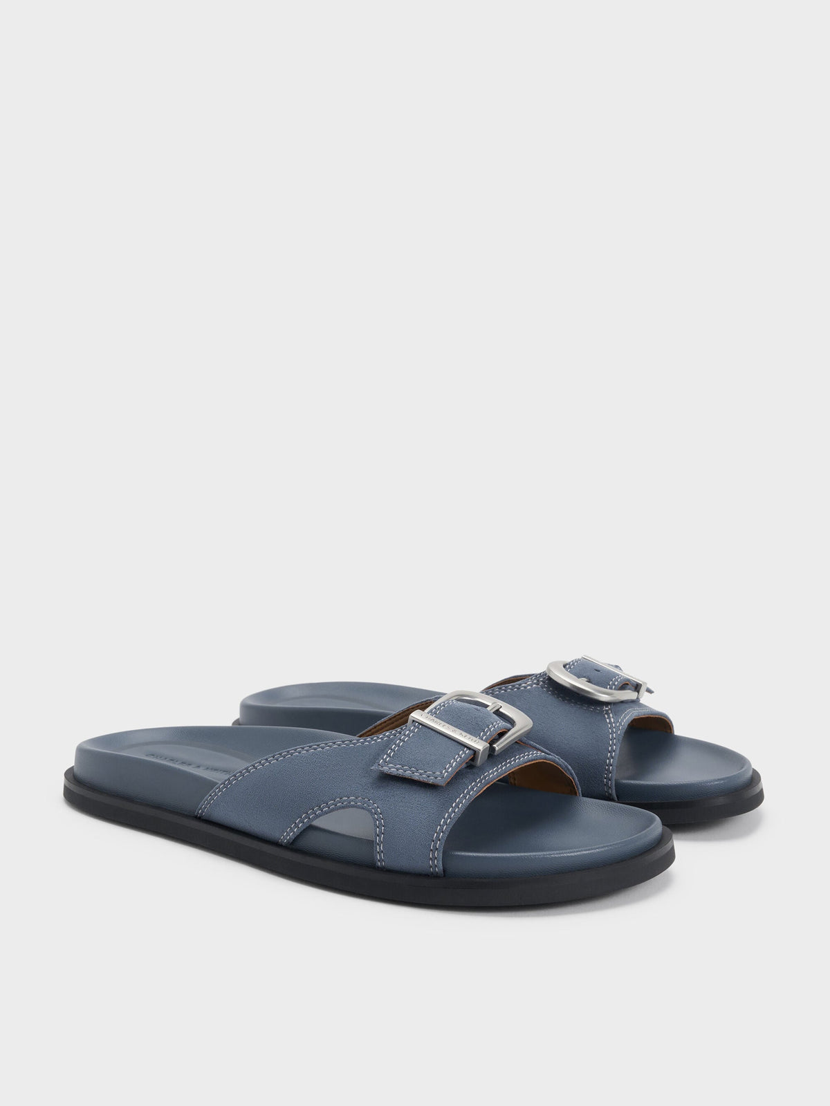 Faux Suede Stitch-Trim Buckled Slides - Blue | CHARLES & KEITH