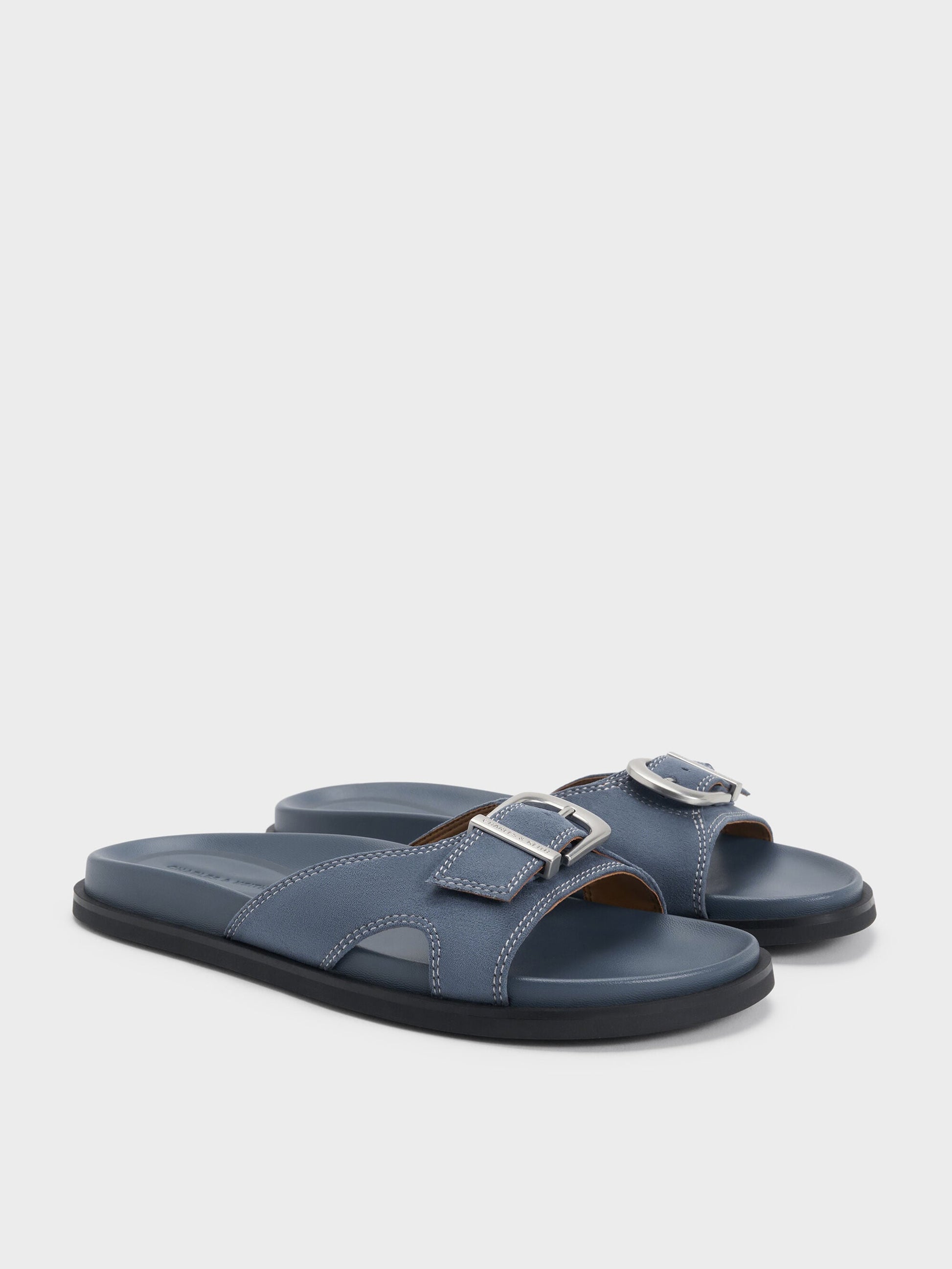 Faux Suede Stitch-Trim Buckled Slides - Blue | CHARLES & KEITH