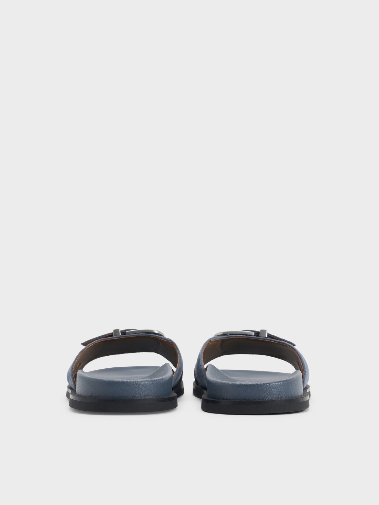 Faux Suede Stitch-Trim Buckled Slides - Blue | CHARLES & KEITH