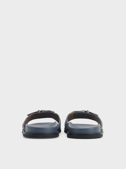 Faux Suede Stitch-Trim Buckled Slides - Blue | CHARLES & KEITH