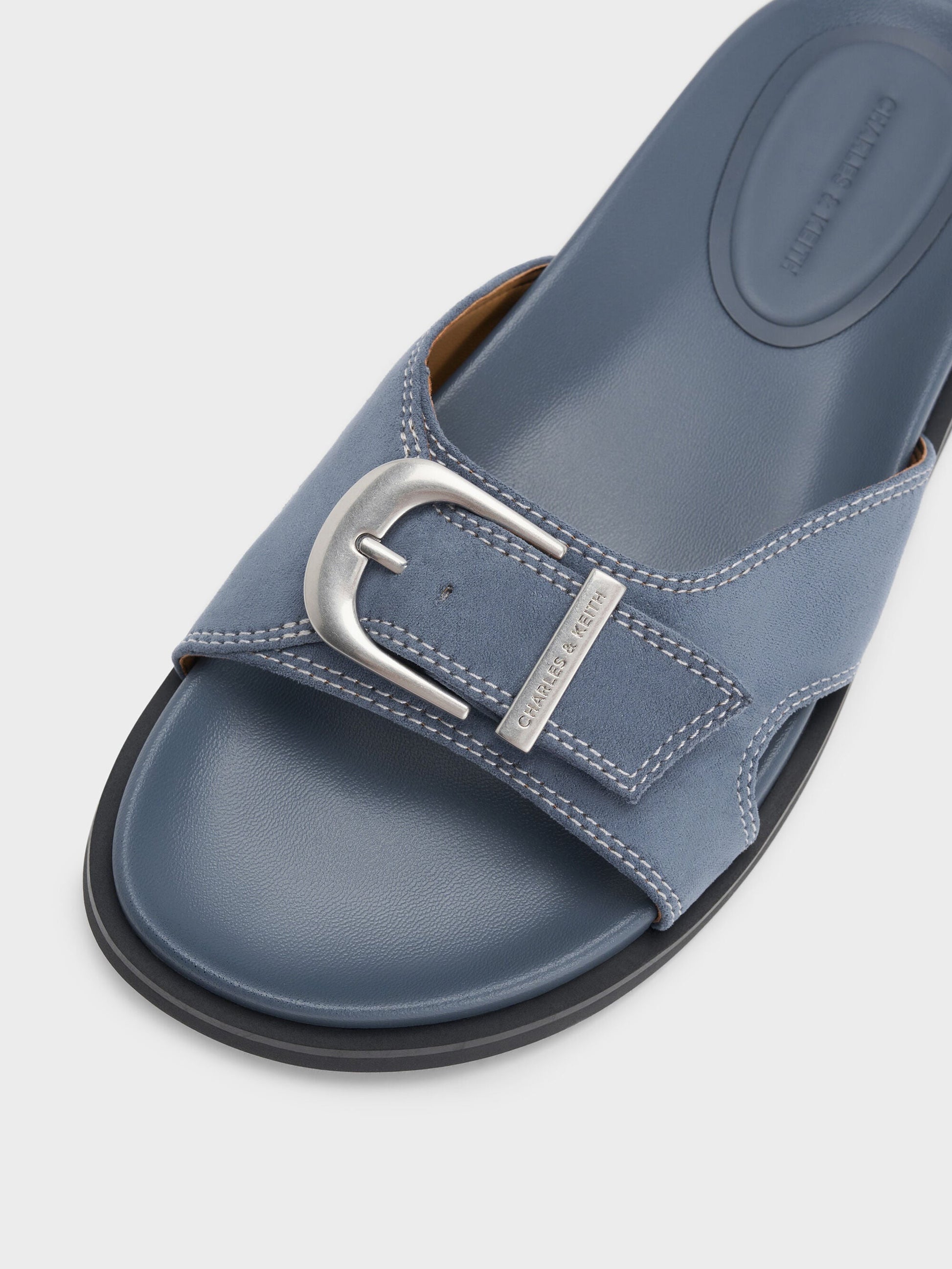 Faux Suede Stitch-Trim Buckled Slides - Blue | CHARLES & KEITH