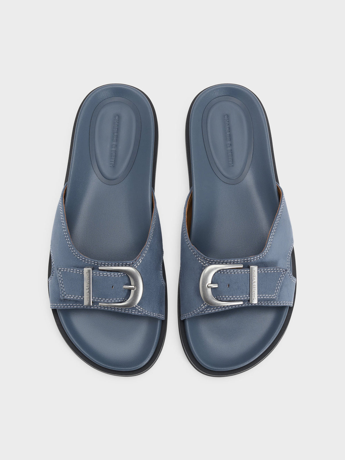 Faux Suede Stitch-Trim Buckled Slides - Blue | CHARLES & KEITH