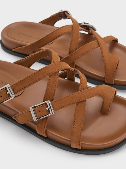 Faux Suede Crossover Toe-Ring Sandals - Cognac | CHARLES & KEITH