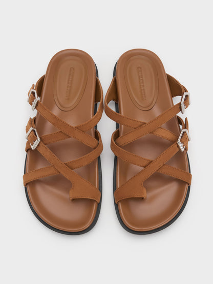 Faux Suede Crossover Toe-Ring Sandals - Cognac | CHARLES & KEITH