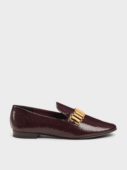 Snake-Print Metallic-Accent Loafers - Animal Print Burgundy | CHARLES & KEITH