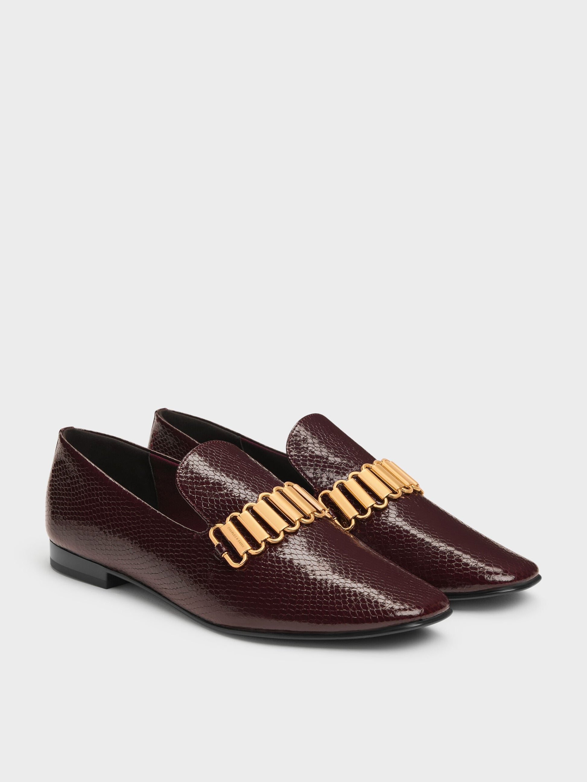 Snake-Print Metallic-Accent Loafers - Animal Print Burgundy | CHARLES & KEITH
