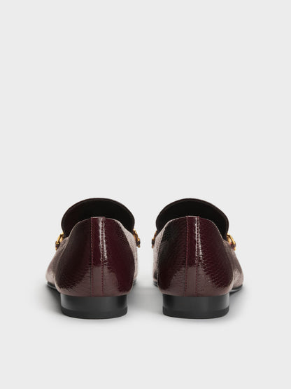 Snake-Print Metallic-Accent Loafers - Animal Print Burgundy | CHARLES & KEITH