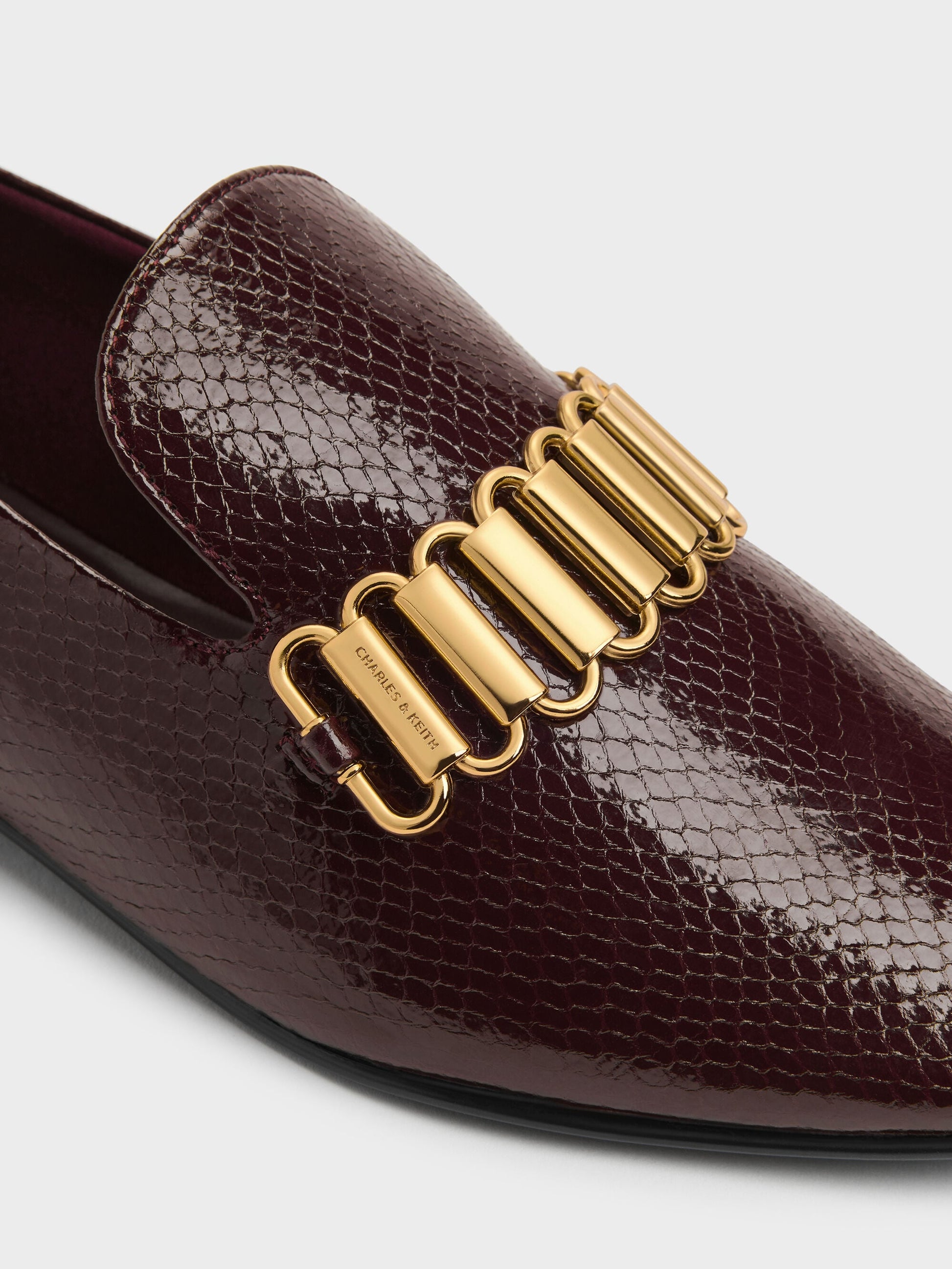 Snake-Print Metallic-Accent Loafers - Animal Print Burgundy | CHARLES & KEITH