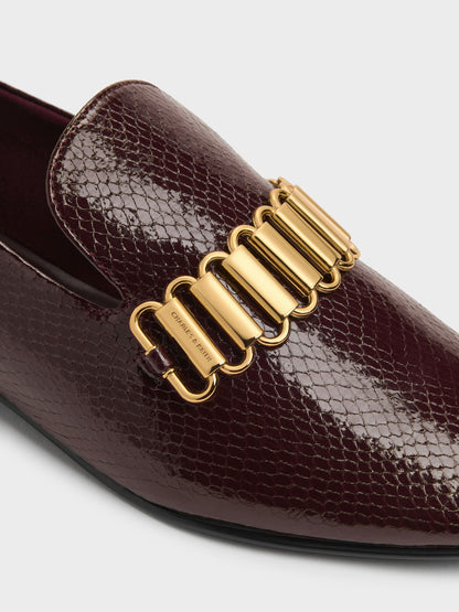 Snake-Print Metallic-Accent Loafers - Animal Print Burgundy | CHARLES & KEITH