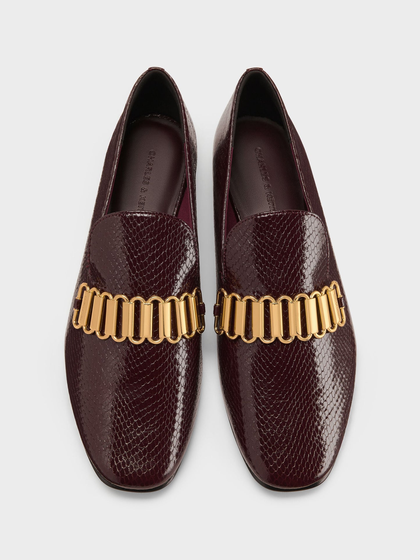 Snake-Print Metallic-Accent Loafers - Animal Print Burgundy | CHARLES & KEITH