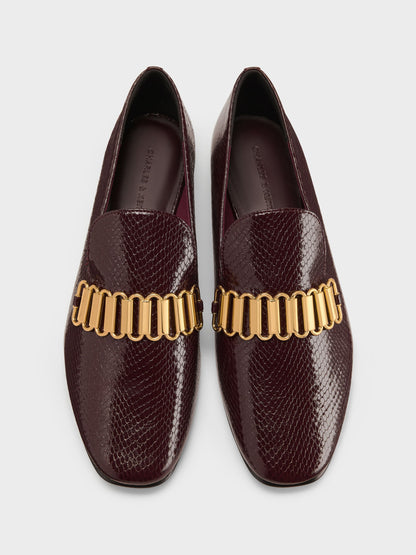 Snake-Print Metallic-Accent Loafers - Animal Print Burgundy | CHARLES & KEITH