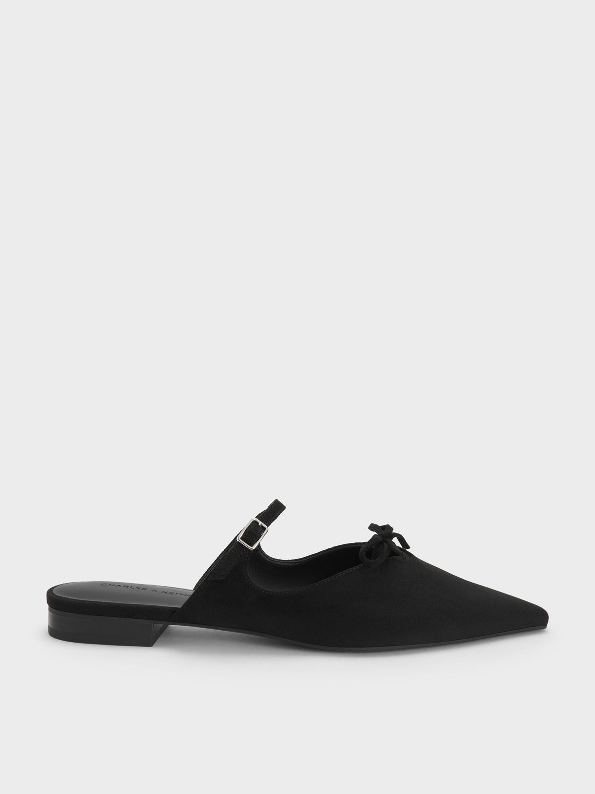 Faux Suede Bow Mary Jane Mules - Black Textured | CHARLES & KEITH