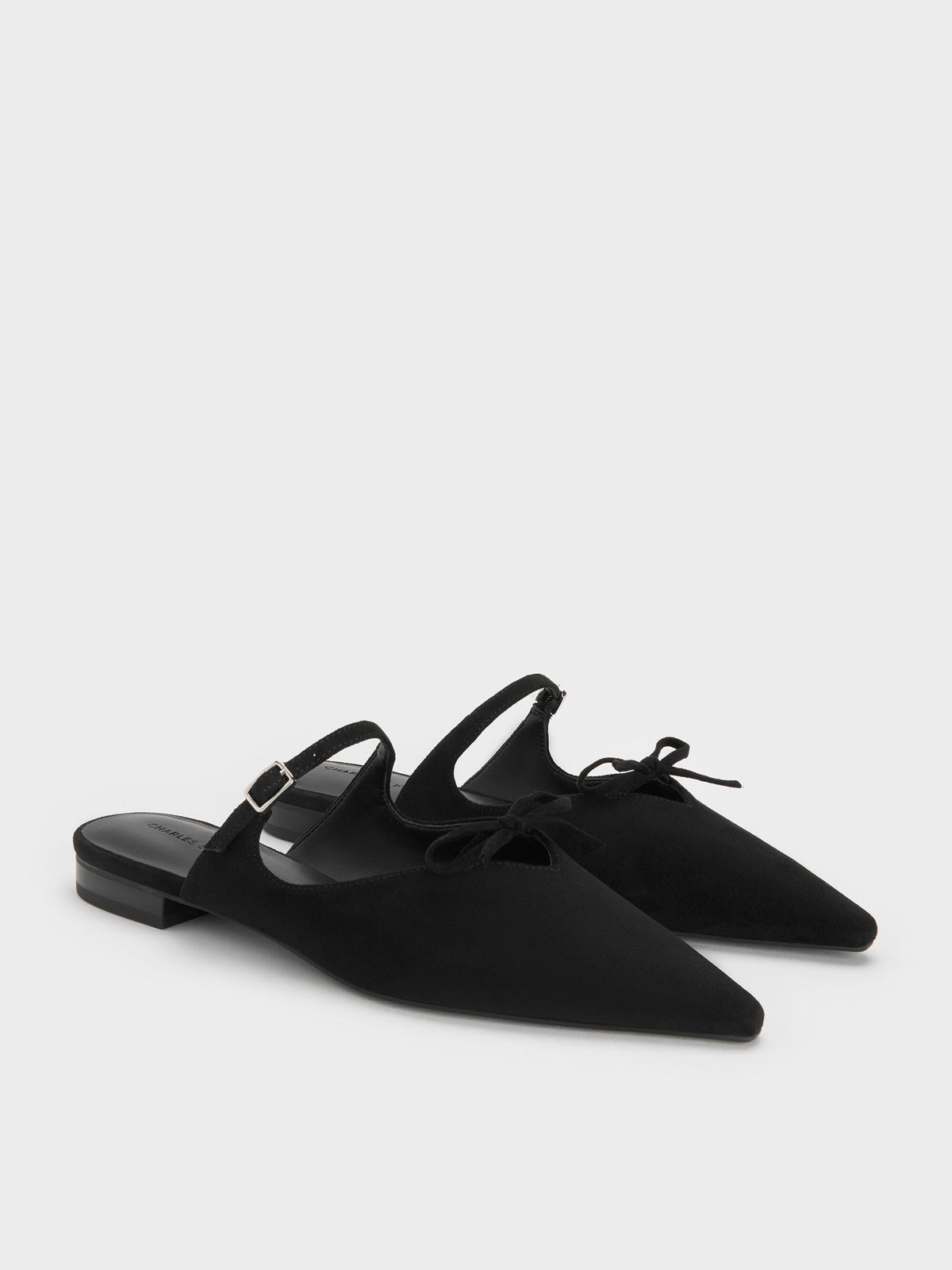 Faux Suede Bow Mary Jane Mules - Black Textured | CHARLES & KEITH