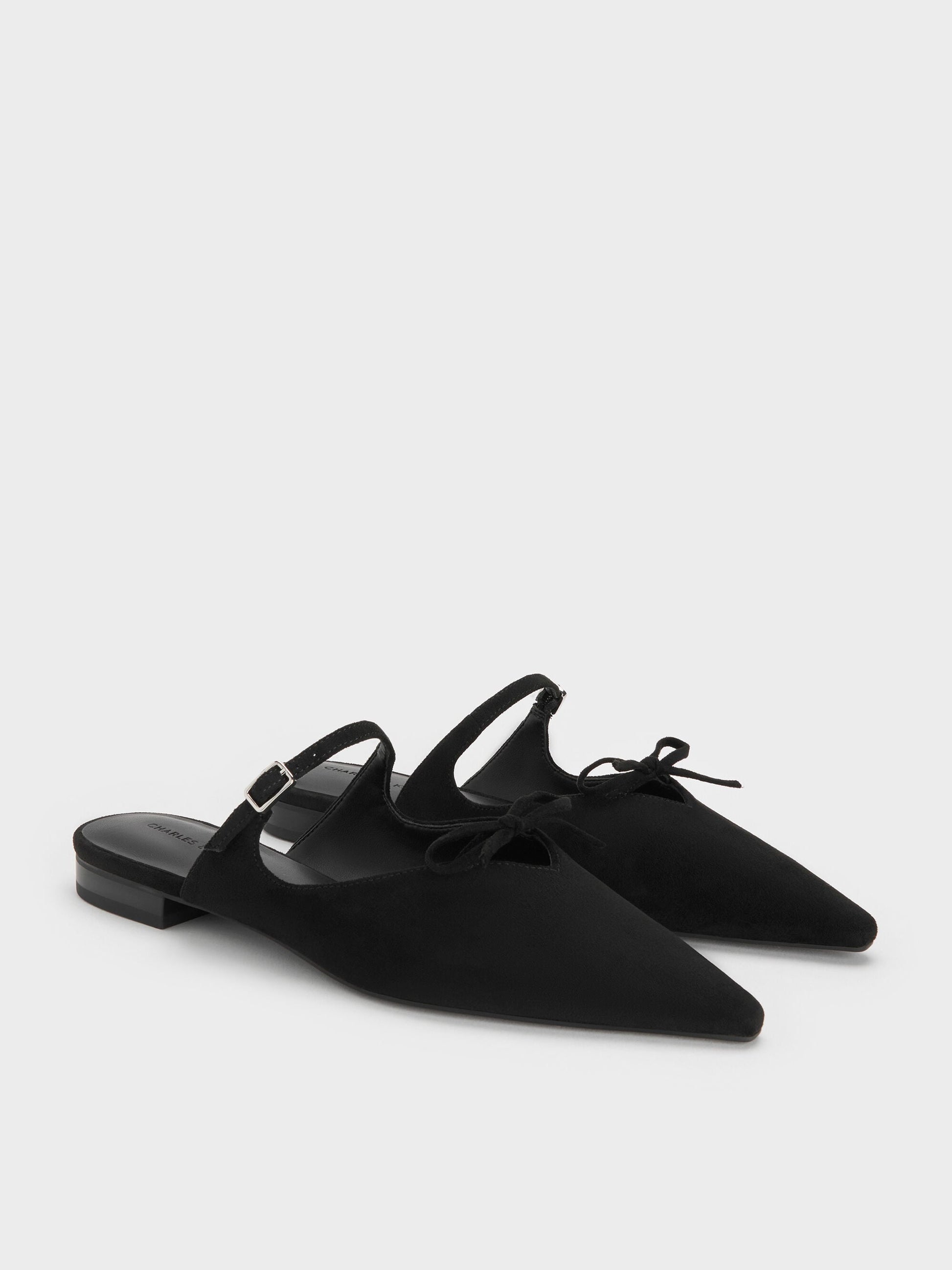 Faux Suede Bow Mary Jane Mules - Black Textured | CHARLES & KEITH