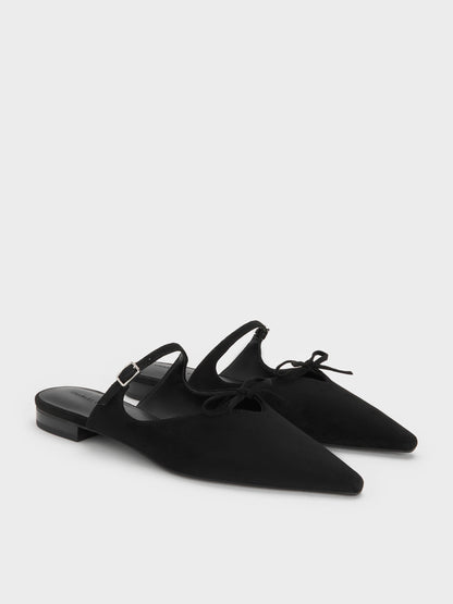 Faux Suede Bow Mary Jane Mules - Black Textured | CHARLES & KEITH