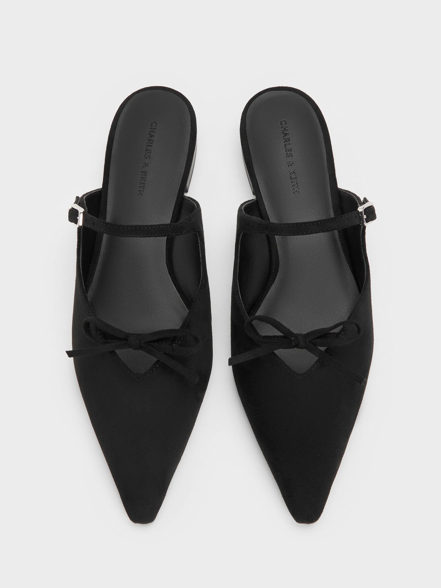 Faux Suede Bow Mary Jane Mules - Black Textured | CHARLES & KEITH