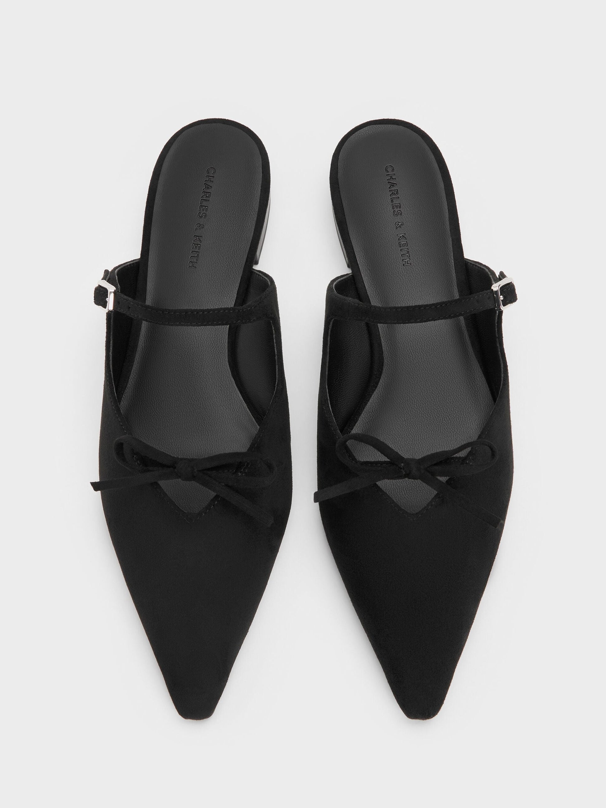 Faux Suede Bow Mary Jane Mules - Black Textured | CHARLES & KEITH