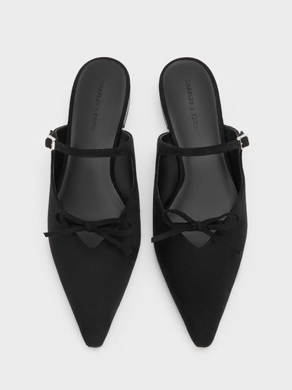 Faux Suede Bow Mary Jane Mules - Black Textured | CHARLES & KEITH