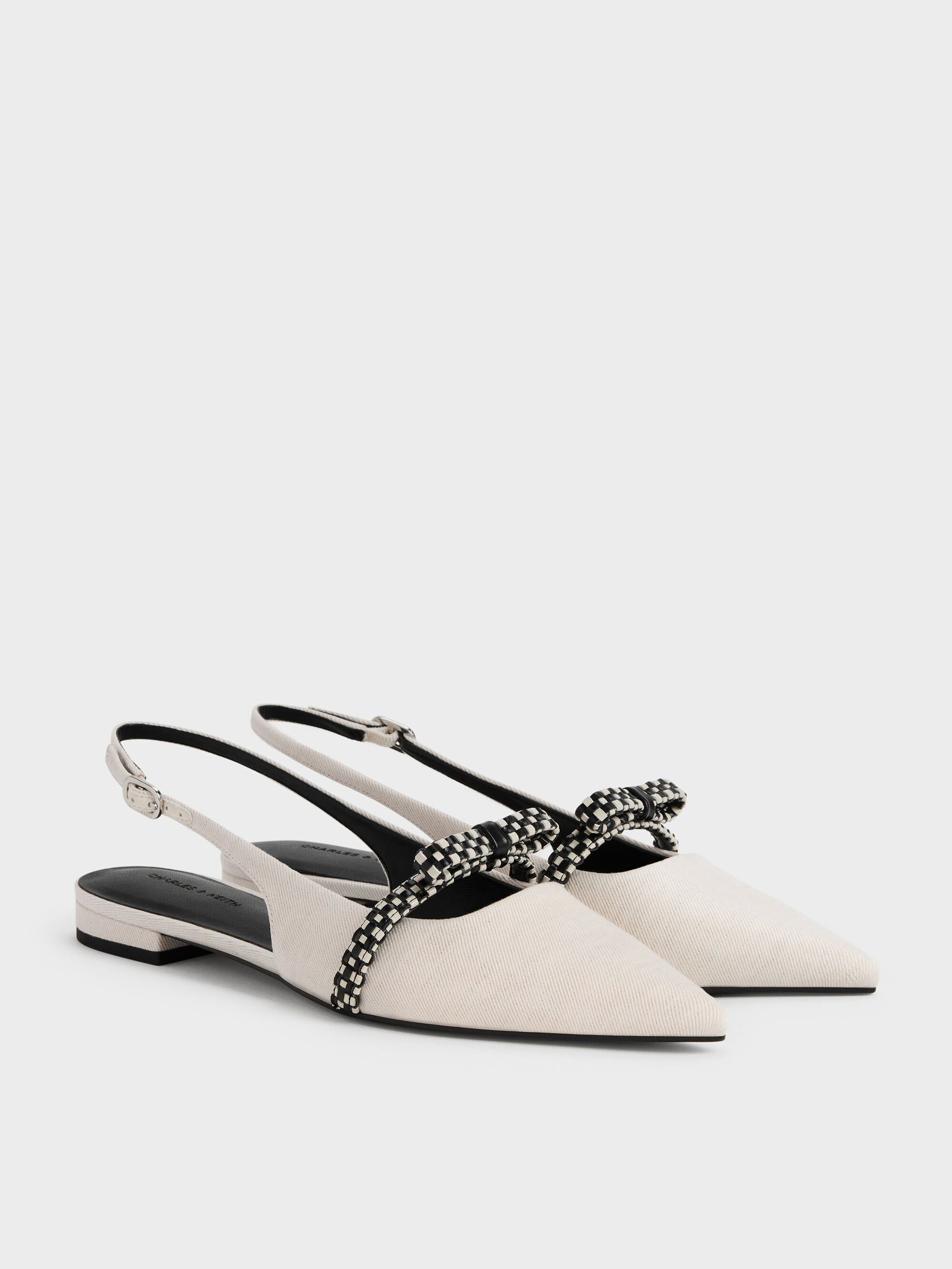 Kaleen Linen Woven-Bow Slingback Flats - Chalk | CHARLES & KEITH