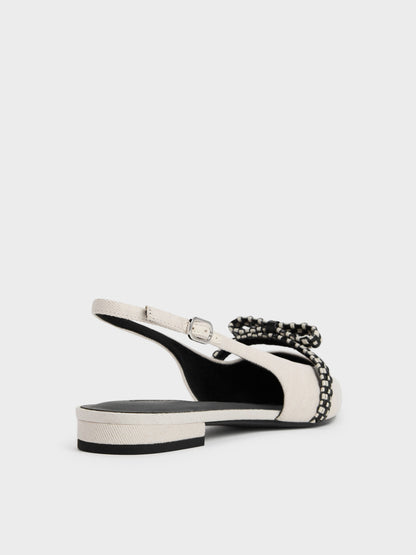 Kaleen Linen Woven-Bow Slingback Flats - Chalk | CHARLES & KEITH