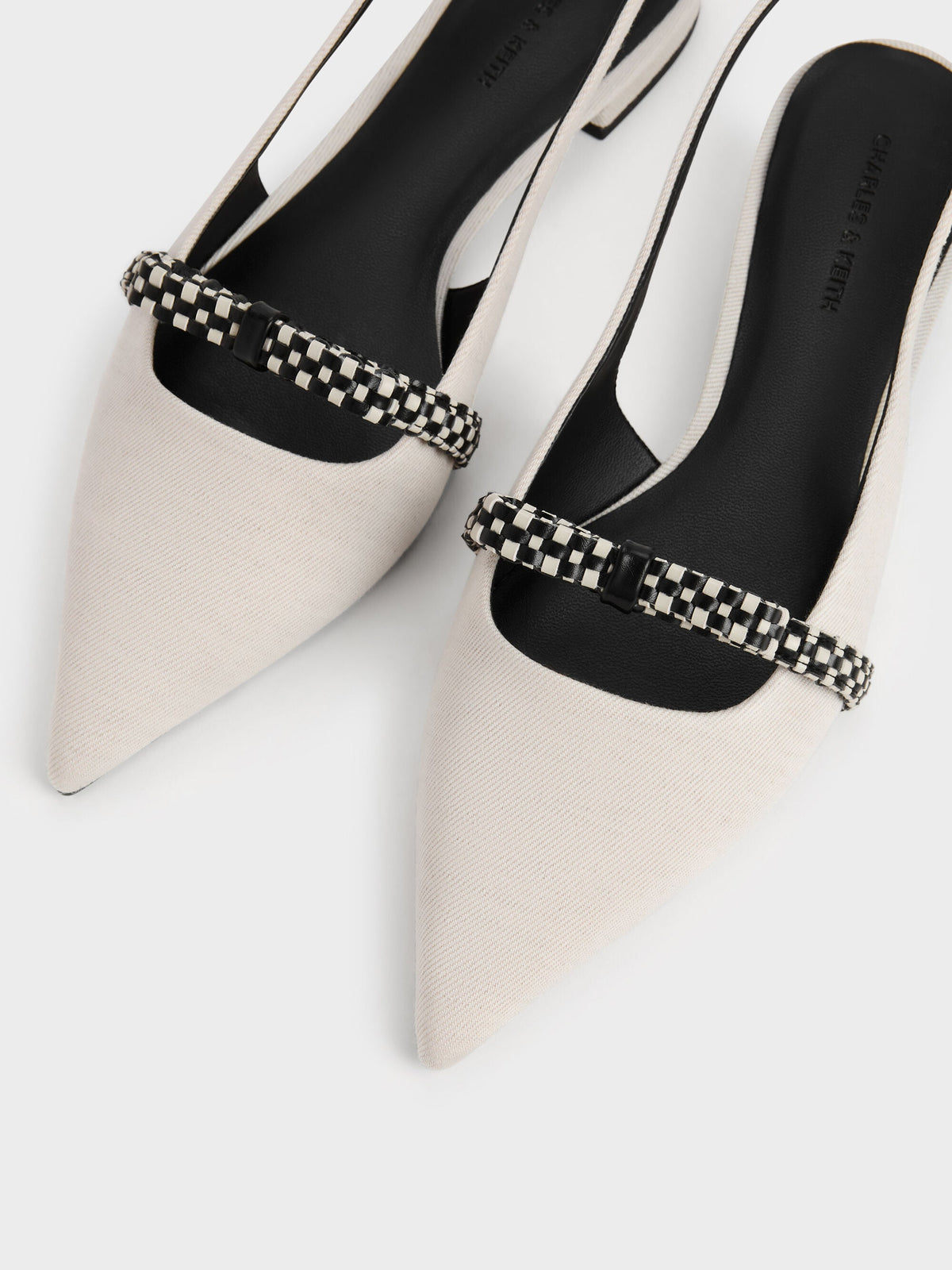 Kaleen Linen Woven-Bow Slingback Flats - Chalk | CHARLES & KEITH