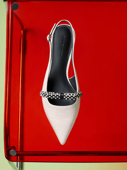 Kaleen Linen Woven-Bow Slingback Flats - Chalk | CHARLES & KEITH