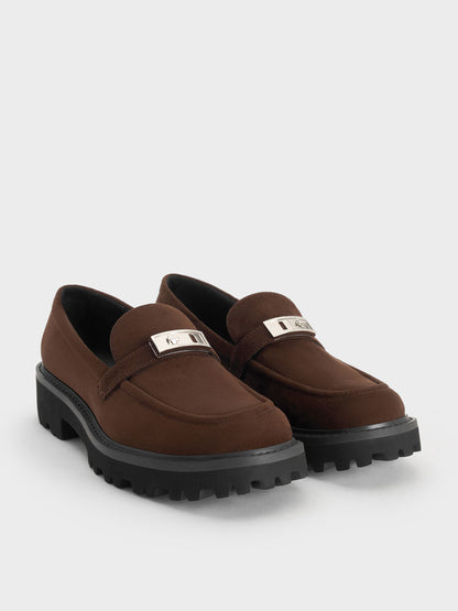 Lando Faux Suede Platform Loafers - Dark Brown Textured | CHARLES & KEITH