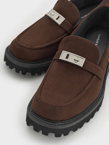 Lando Faux Suede Platform Loafers - Dark Brown Textured | CHARLES & KEITH