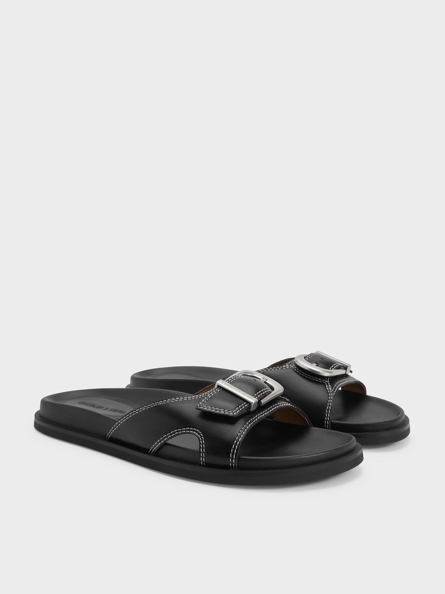 Stitch-Trim Buckled Slides - Black | CHARLES & KEITH
