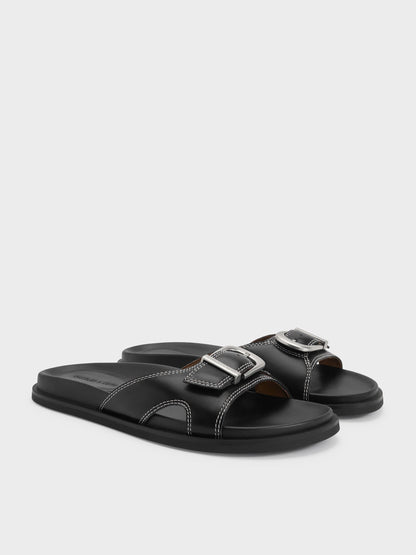 Stitch-Trim Buckled Slides - Black | CHARLES & KEITH