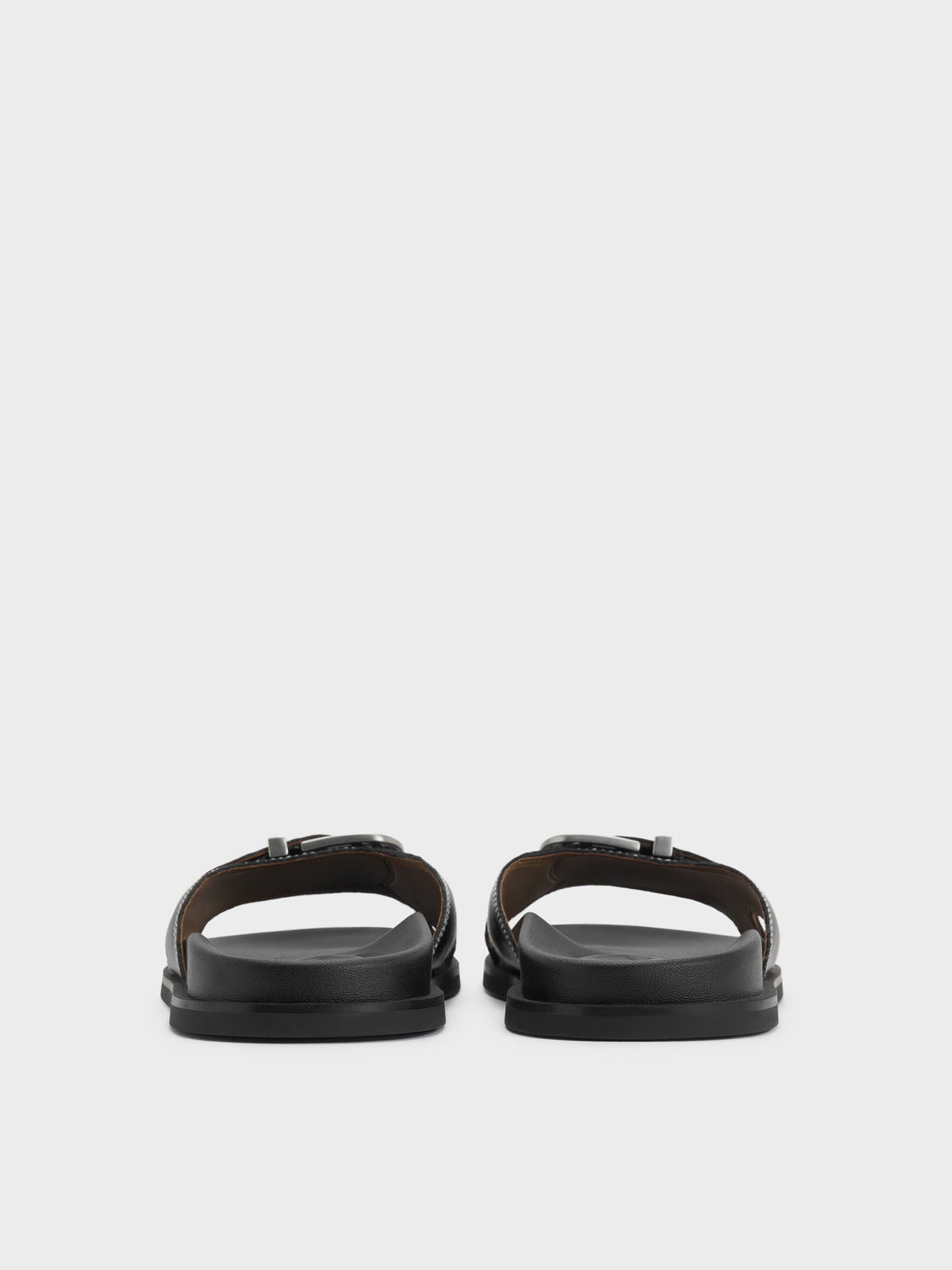 Stitch-Trim Buckled Slides - Black | CHARLES & KEITH