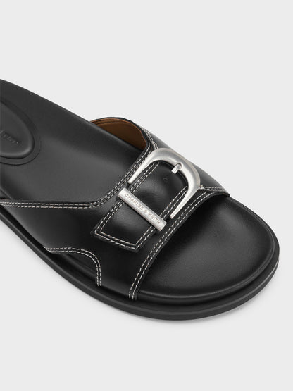 Stitch-Trim Buckled Slides - Black | CHARLES & KEITH
