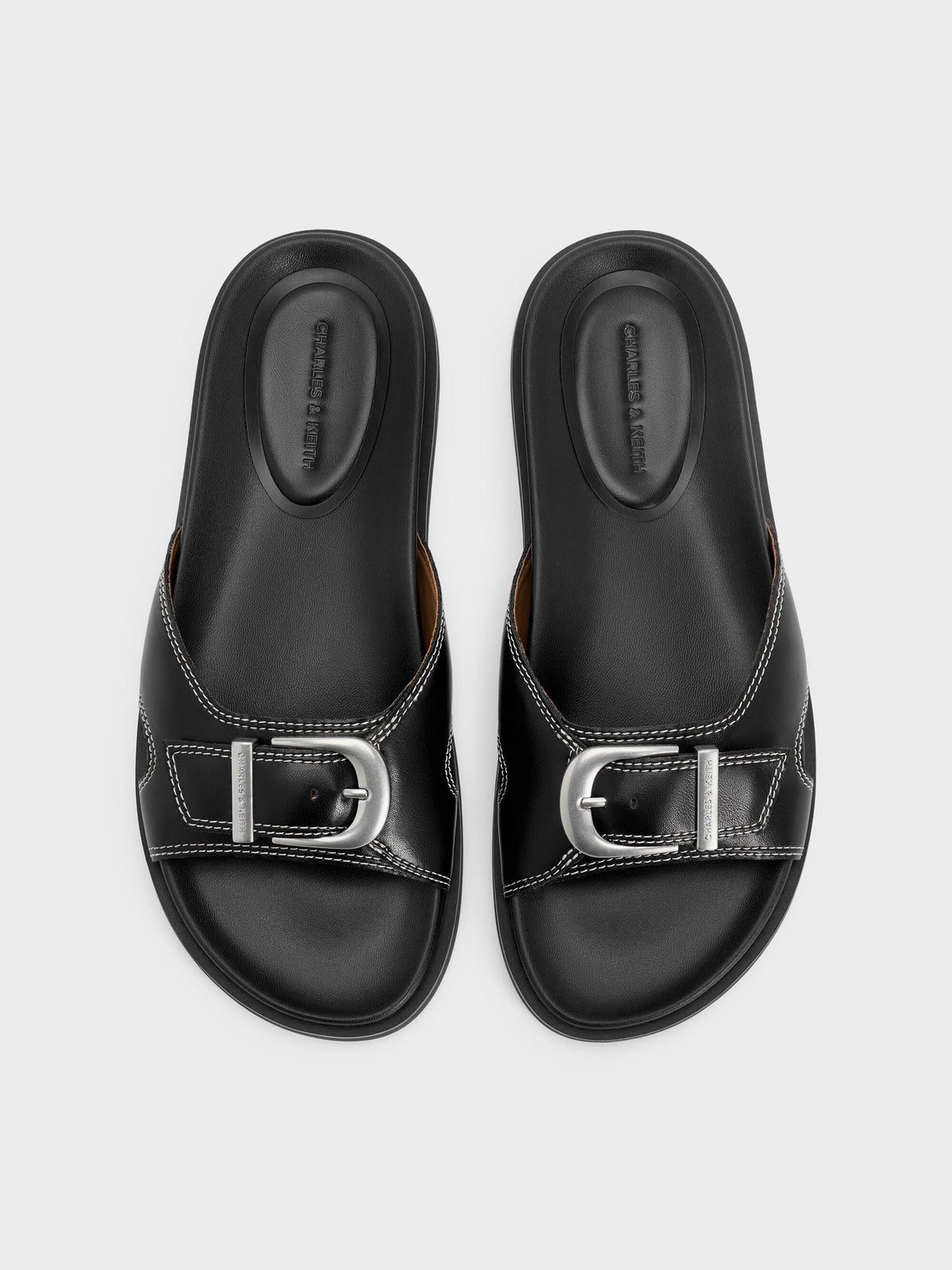 Stitch-Trim Buckled Slides - Black | CHARLES & KEITH