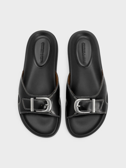 Stitch-Trim Buckled Slides - Black | CHARLES & KEITH