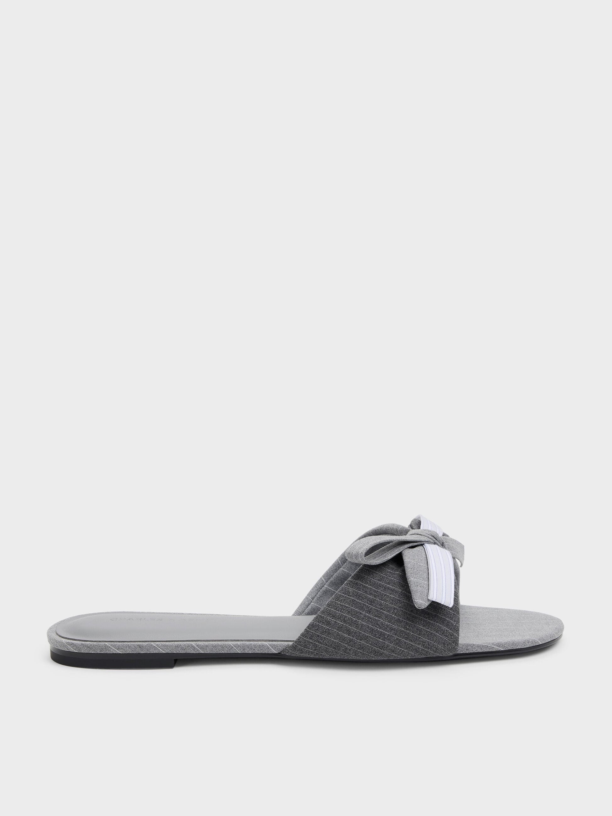 Striped Bow Slide Sandals - Grey | CHARLES & KEITH