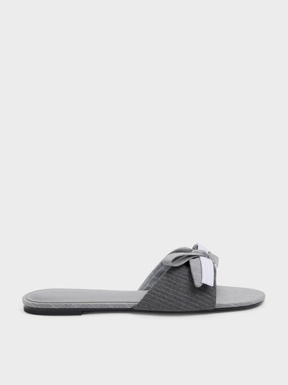 Striped Bow Slide Sandals - Grey | CHARLES & KEITH