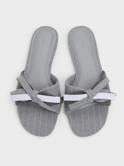 Striped Bow Slide Sandals - Grey | CHARLES & KEITH