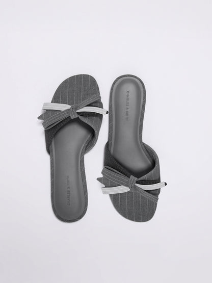 Striped Bow Slide Sandals - Grey | CHARLES & KEITH