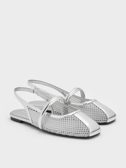 Ellory Mesh Slingback Mary Jane Flats - Silver | CHARLES & KEITH